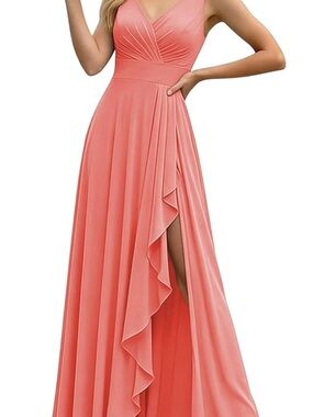 Coral V-Neck Ruffle Bridesmaid Dress